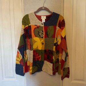 Vtg Susan Bristol Hand Knit Multicolor GrannyCore Patchwork Cardigan WMs M EUC